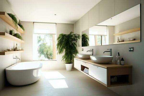 Smart bathroom technology including touchless fixtures, voice controls, and digital mirror displays