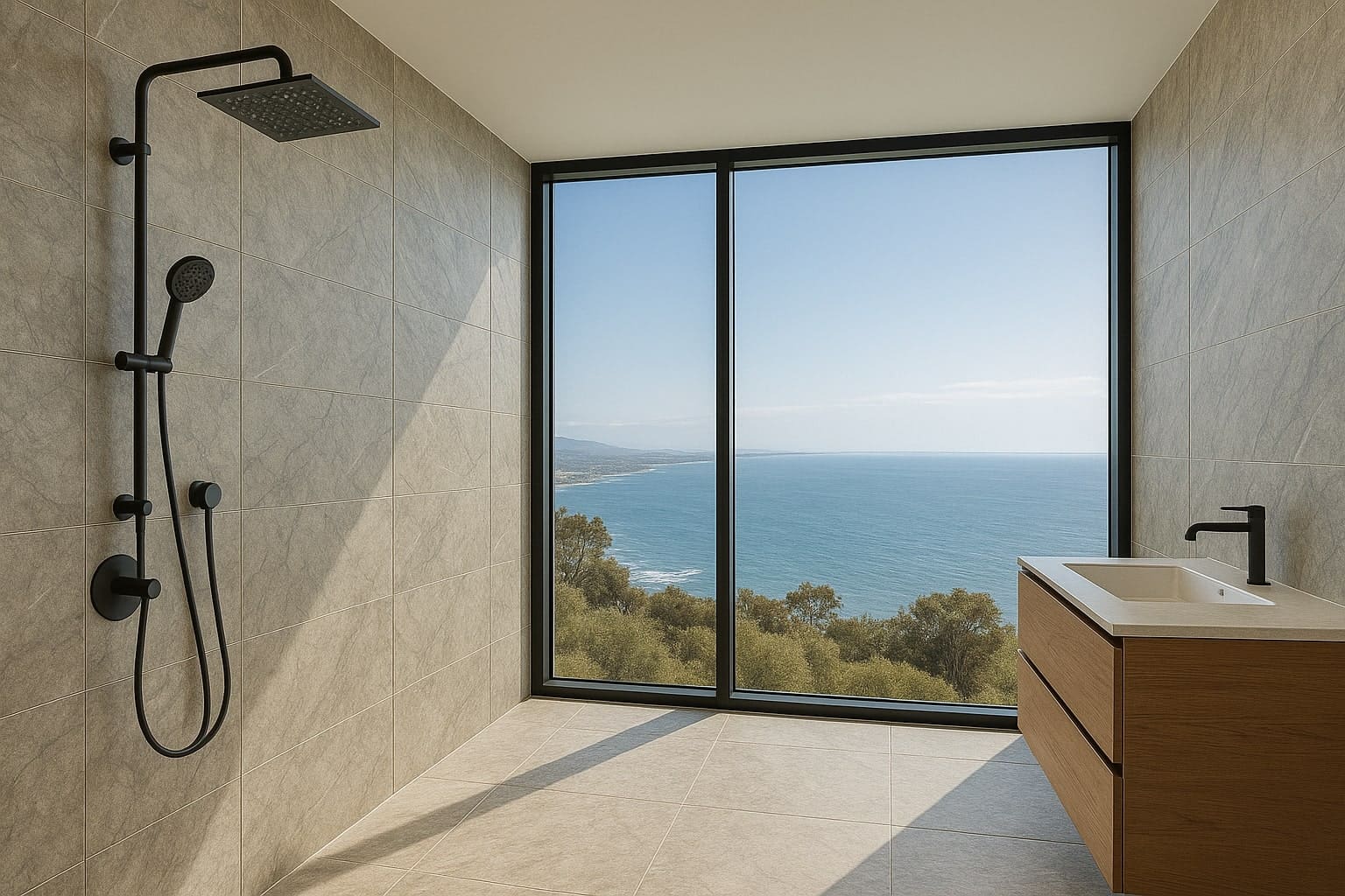 Luxury California bathroom with mountain views featuring natural stone tiles and modern fixtures